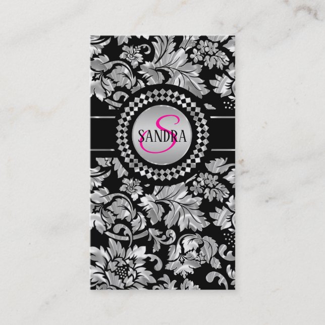 Carte De Visite Élégant Damas Florales Gris Noir Et Argent (Devant)