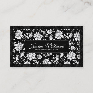 Carte De Visite Élégant Damas Florales Noir Et Blanc