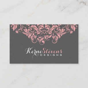 Carte De Visite Élégant Damas Gris & Flacons De Dentelle Rose