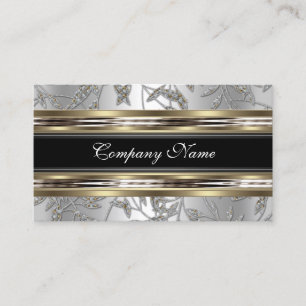 Carte De Visite Elégant Damask Silver Pewter Chrome Metal Noir