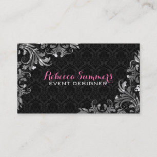 Carte De Visite Élégant dentelle argentée noir Damas