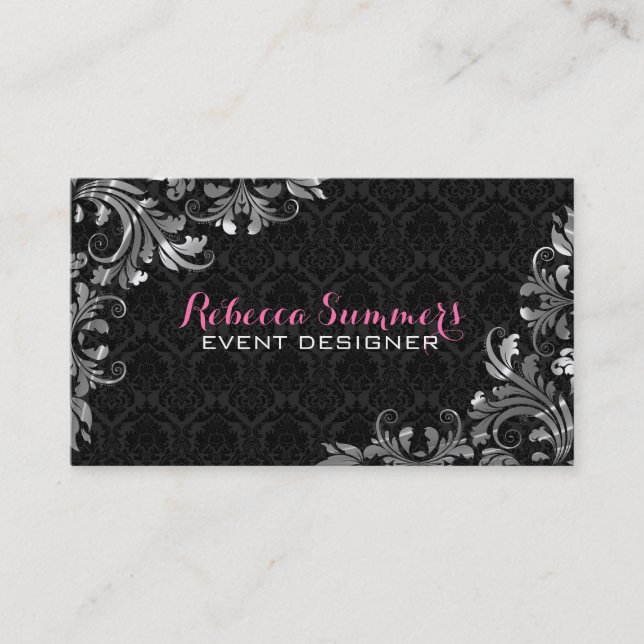 Carte De Visite Élégant dentelle argentée noir Damas (Devant)