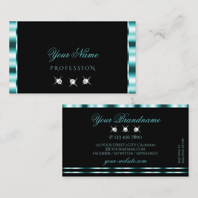 Carte De Visite Élégant Diamants Turquoises et noirs brillants (Devant / Derrière)