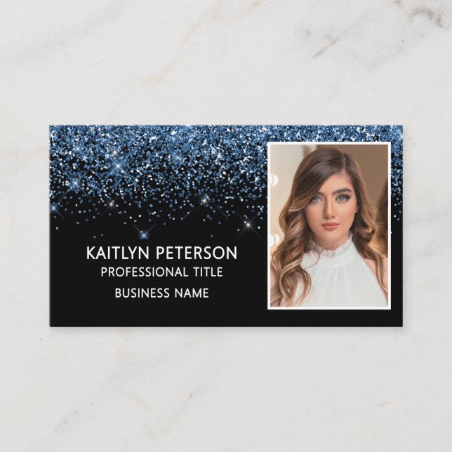 Carte De Visite Elegant Dusty Blue Glitter Photo QR Code  (Devant)