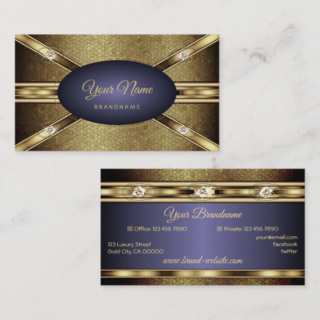 Carte De Visite Elégant effet de serpent doré et dégradé bleu fonc (Devant / Derrière)