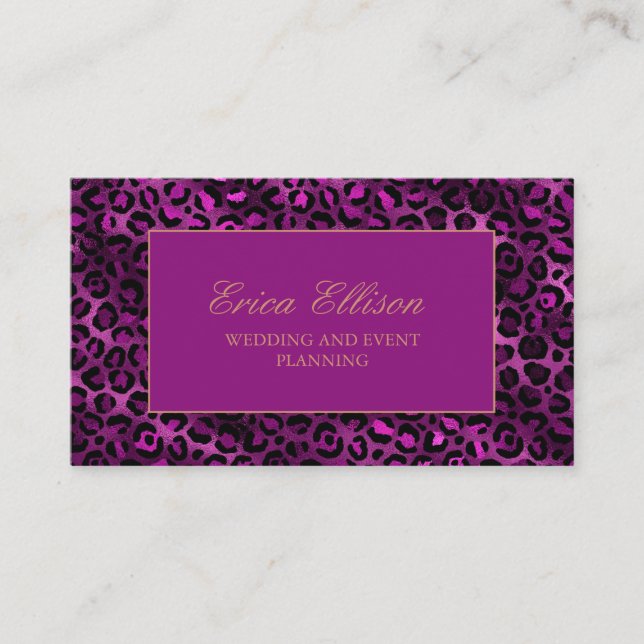 Carte De Visite Élégant Empreinte de léopard noir violet Wedding p (Devant)