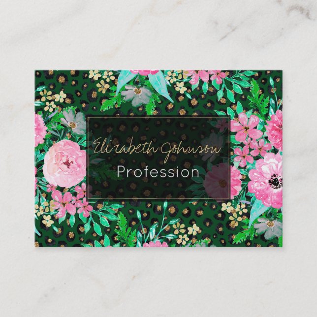 Carte De Visite Élégant Empreinte de léopard rose floral vert desi (Devant)