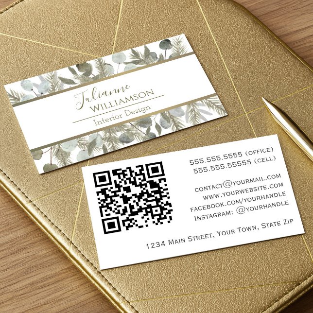 Carte De Visite Elégant Eucalyptus & Pine Sage & Gold QR Code (Front/Back)