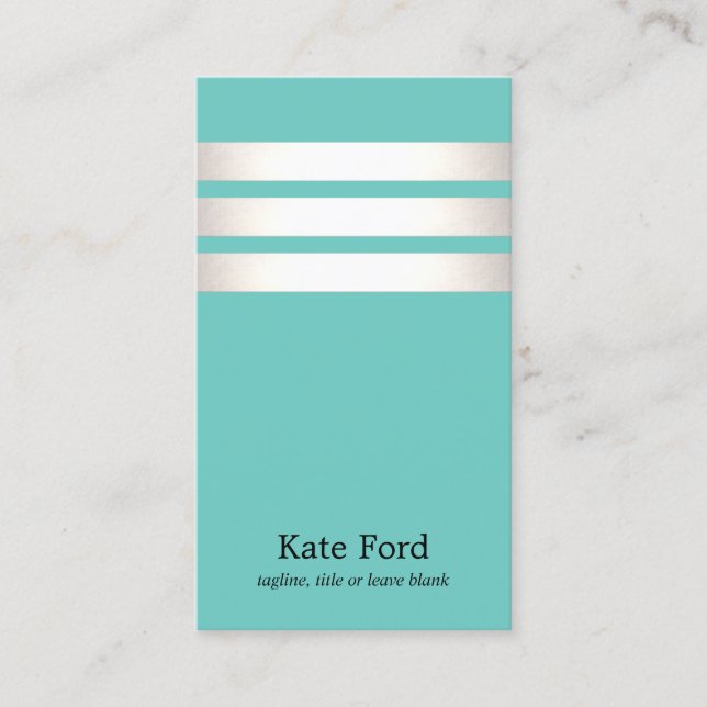 Carte De Visite Elégant Faux argent et turquoise rayé moderne (Devant)