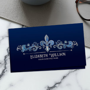 Carte De Visite Élégant Fleur-de-lis Perle et marbre bleu