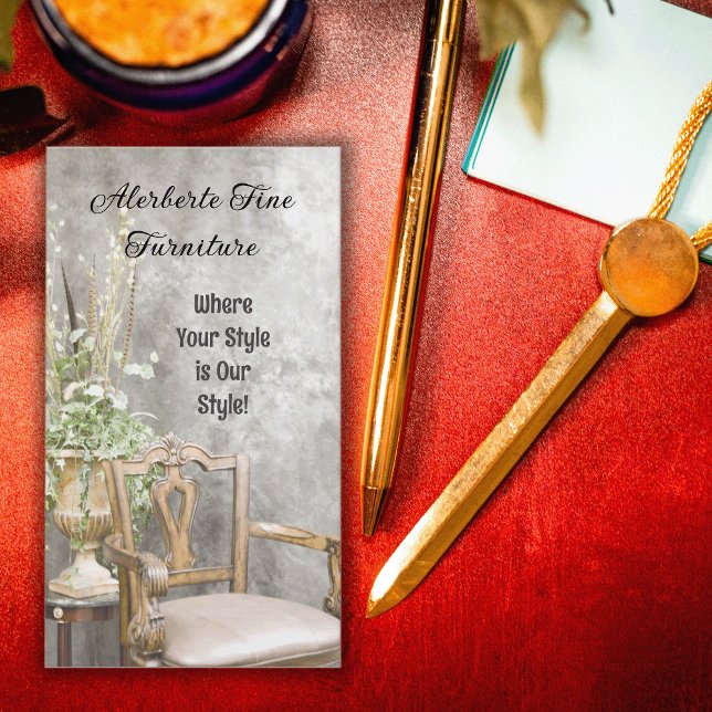 Carte De Visite Élégant floral et chaise fantaisie verticale (Elegant business card with a chair and floral arrangement will be perfect for furniture stores.)
