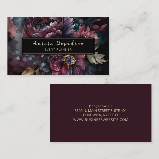 Carte De Visite Élégant floral foncé sur noir (Devant / Derrière)