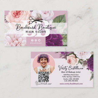 Carte De Visite Elégant Floral Mauve Hair Salon Styliste Photo QR