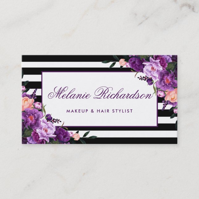 Carte De Visite Élégant Floral Violet Ultra Violet rayé (Devant)