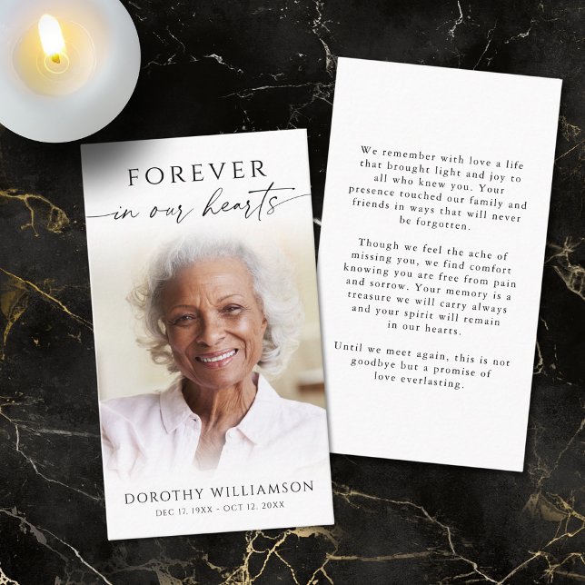 Carte De Visite Elegant Forever in Our Hearts Photo Prayer Card (Créateur téléchargé)