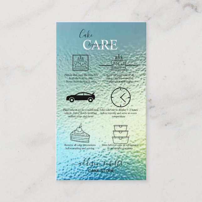 Carte De Visite Élégant Glam Iridescente Holographique Cake Care (Devant)