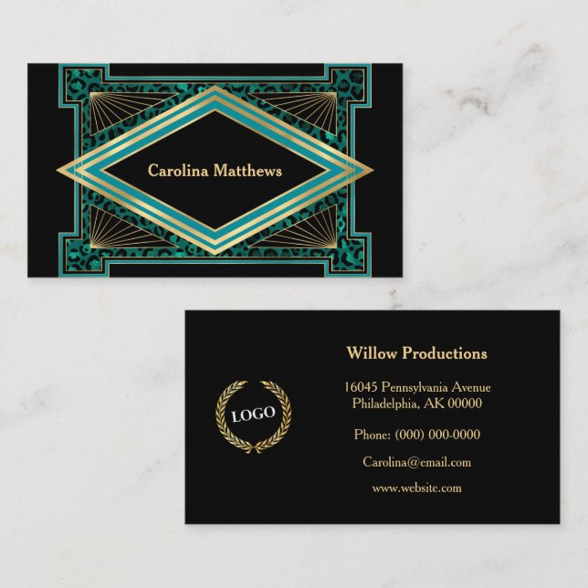 Carte De Visite Elégant Gold Art Déco Turquoise (Devant / Derrière)