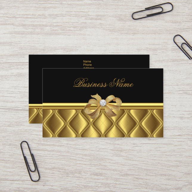 Carte de visite Elegant Gold Bow Tile Trier Noir (Devant/Arrière en situation)