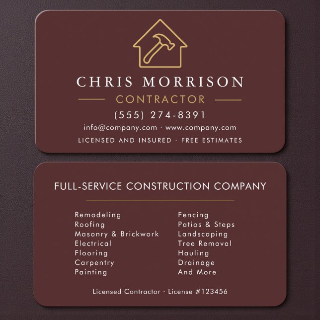 Carte De Visite Elegant Gold & Burgundy Builder Contractor (Créateur téléchargé)