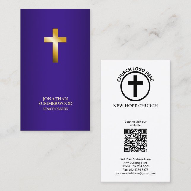 Carte De Visite Elegant Gold Cross Purple Nom Card pour Pasteur (Devant / Derrière)