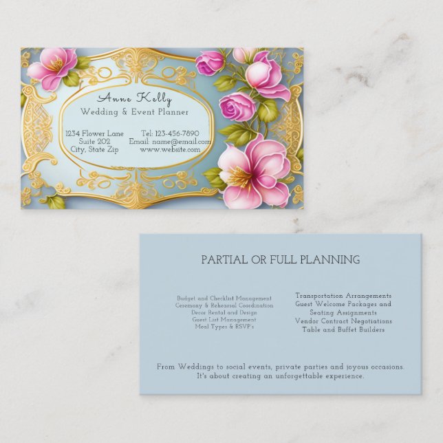 Carte De Visite Elegant Gold Filigree Pink Mariage Event Planner (Devant / Derrière)