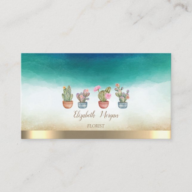 Carte De Visite Elégant Gold Stripe Aquarelle Succulents (Devant)