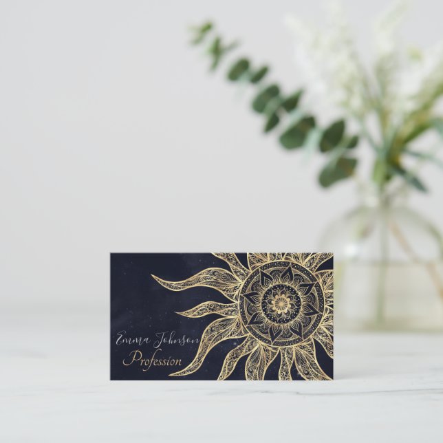 Carte De Visite Elégant Gold Sun Mandala Blue Nebula Design (Debout devant)