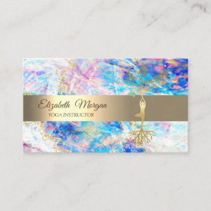 Carte De Visite Élégant Gold Tree Yoga Instructeur Opal Holographi