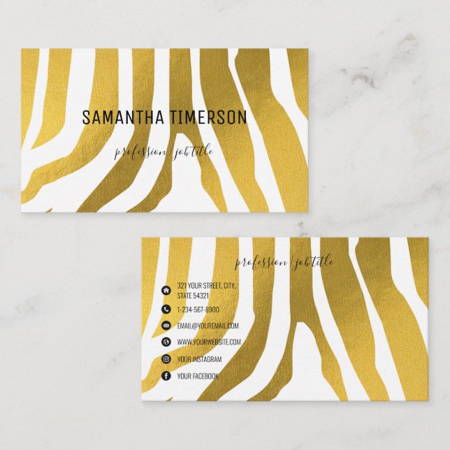 Carte De Visite Elégant Gold Zebra Stripes Moderne Professionnel (Devant / Derrière)