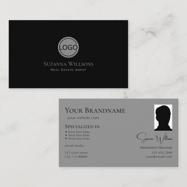 Carte De Visite Élégant gris noir clair avec logo et Cool photo (Devant / Derrière)