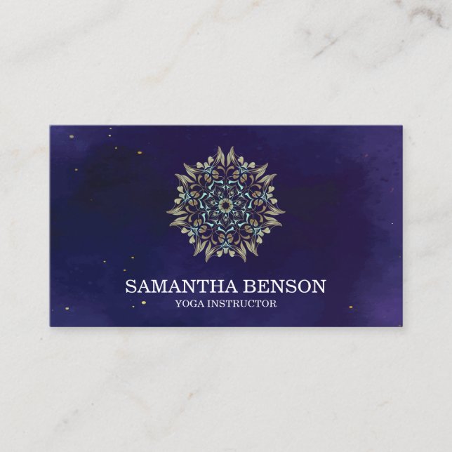 Carte De Visite Élégant instructeur de Yoga Lotus Bleu & Or (Devant)