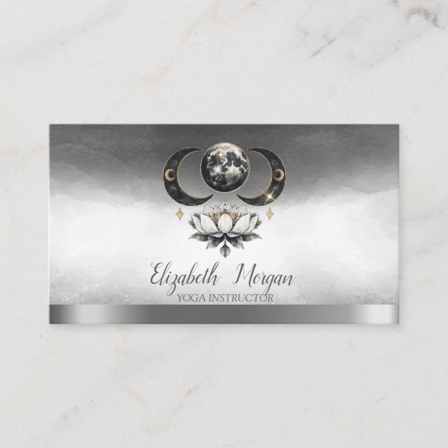 Carte De Visite Élégant instructeur de Yoga Lotus Moon Argent (Devant)