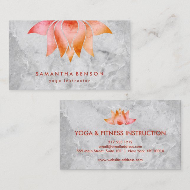 Carte De Visite Élégant instructeur de Yoga Marbre blanc à fleurs  (Devant / Derrière)