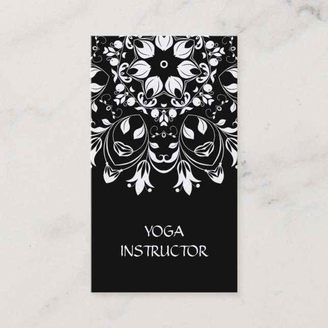 Carte De Visite Élégant instructeur de yoga noir blanc floral Mand (Devant)