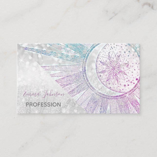 Carte De Visite Elegant Iridescent Sun Moon Mandala Silver Design (Devant)