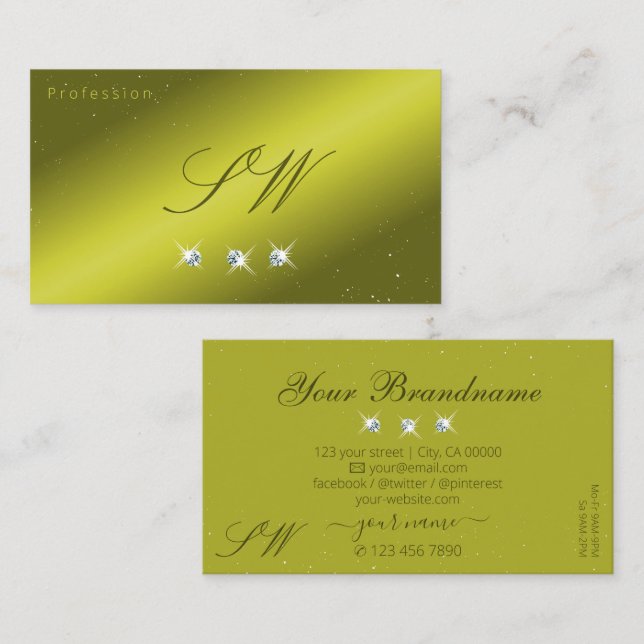 Carte De Visite Élégant Jaune Olive Vert Épargne Bijoux Initiales (Devant / Derrière)
