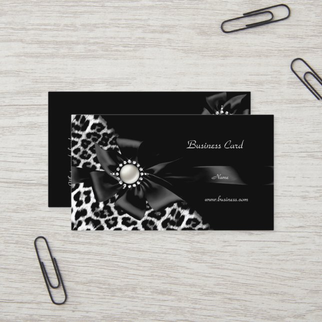 Carte De Visite Élégant léopard noir diamant d'argent (Devant/Arrière en situation)