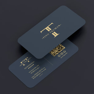 Carte De Visite Élégant logo Monogramme F T moderne bleu foncé gri
