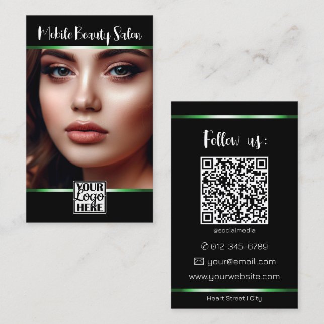 Carte De Visite Élégant logo noir vert photo QR Code Modèle (Devant / Derrière)