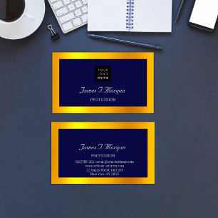 Carte De Visite Élégant logo professionnel encadré Navy Gold Wh