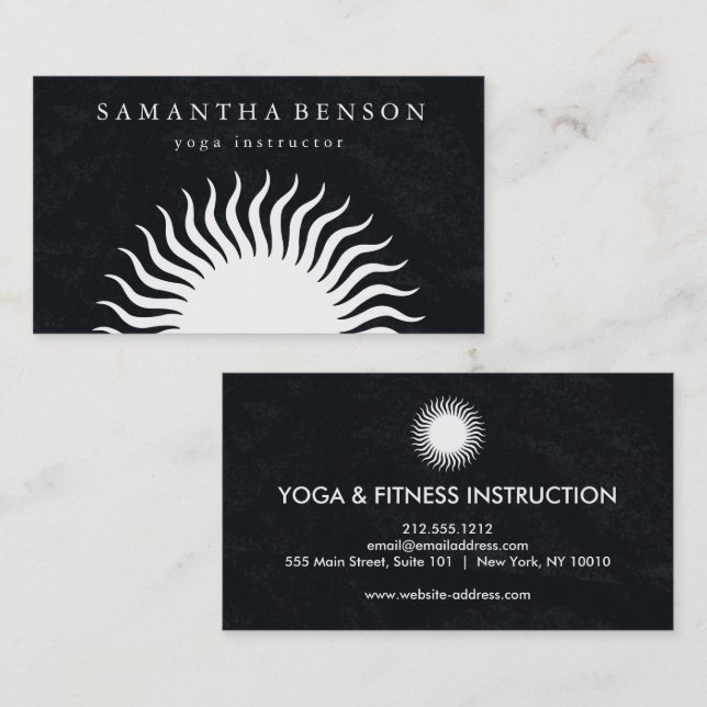Carte De Visite Élégant Logo Soleil Noir & Blanc Yoga (Devant / Derrière)