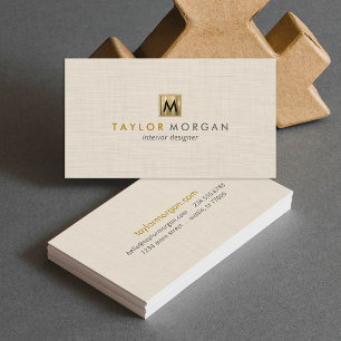 Carte De Visite Élégant Luxe Beige Lin Logo Or Monogramme