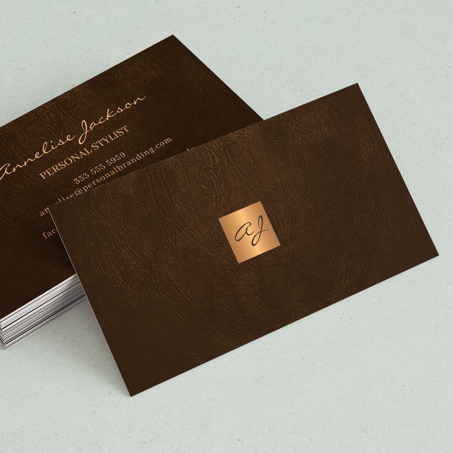 Carte De Visite Élégant luxe marron cuir cuivre or monogramme (Créateur téléchargé)