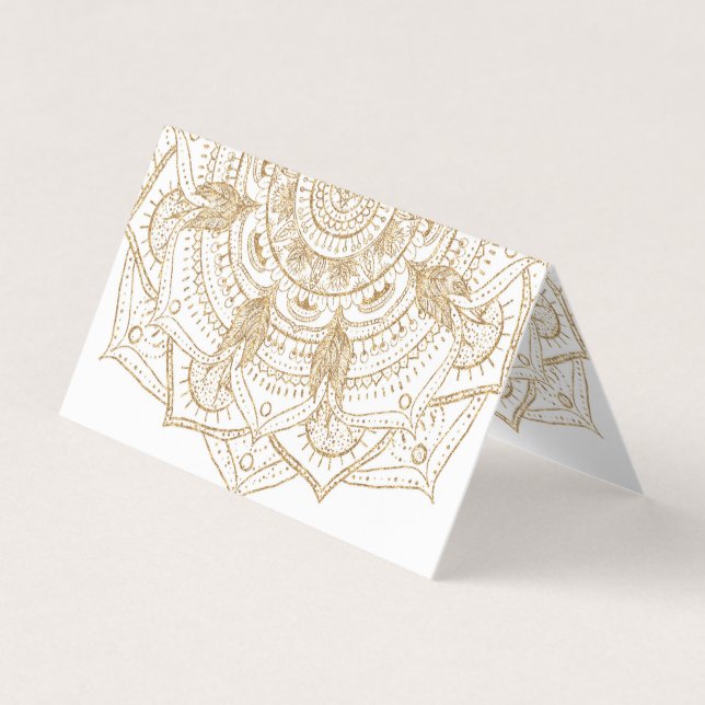 Carte De Visite Elégant Mandala Blanc & Or Dessiné À La Main (Devant)