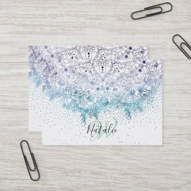 Carte De Visite Elégant mandala floral et confetti image (Devant/Arrière en situation)