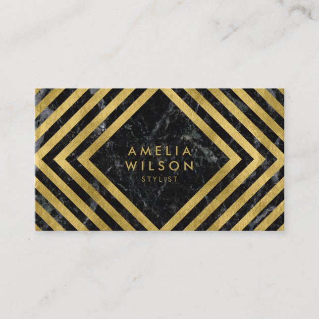 Carte De Visite Élégant Marbre Noir Faux Or Médias sociaux (Devant)