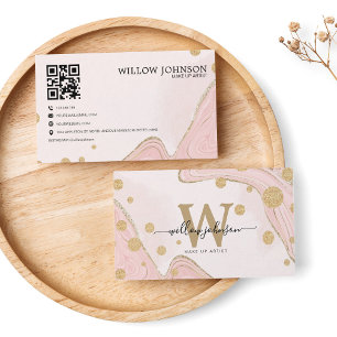Carte De Visite Elégant Marbre Or Parties scintillant rose QR Code