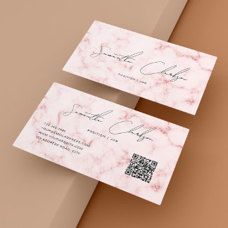 Carte De Visite Élégant Marbre rose manuscrit Script code QR