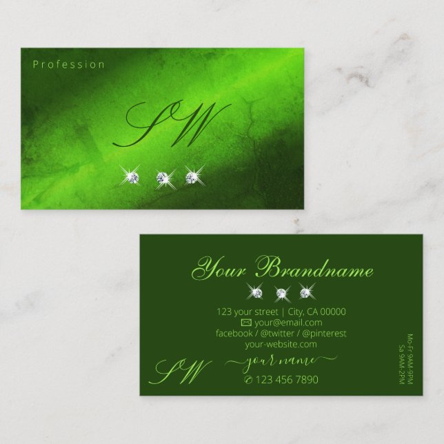 Carte De Visite Élégant marbre vert étincelant Diamants Initiales (Devant / Derrière)