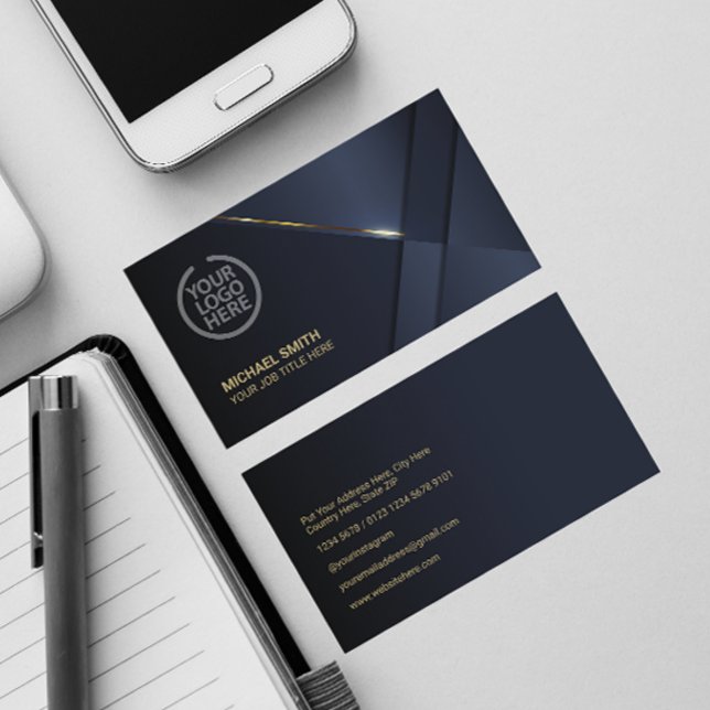 Carte De Visite Élégant Marine Blue Modern Gold Line Professionnel (Créateur téléchargé)